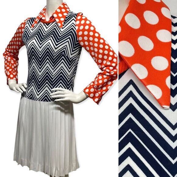 VINTAGE 1970s Fun Funky Polka Dot ZigZag Chevron Mixed Print Dress Medium 8 CuTE - Picture 3 of 14